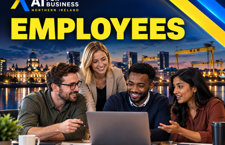 Office employees collaborating around a laptop with Belfast skyline branding.