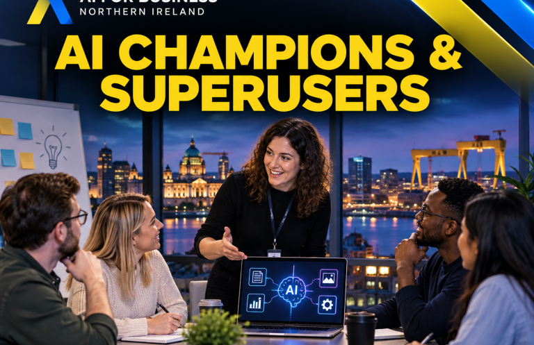 AI champion demonstrating practical AI tools to colleagues during workplace training.