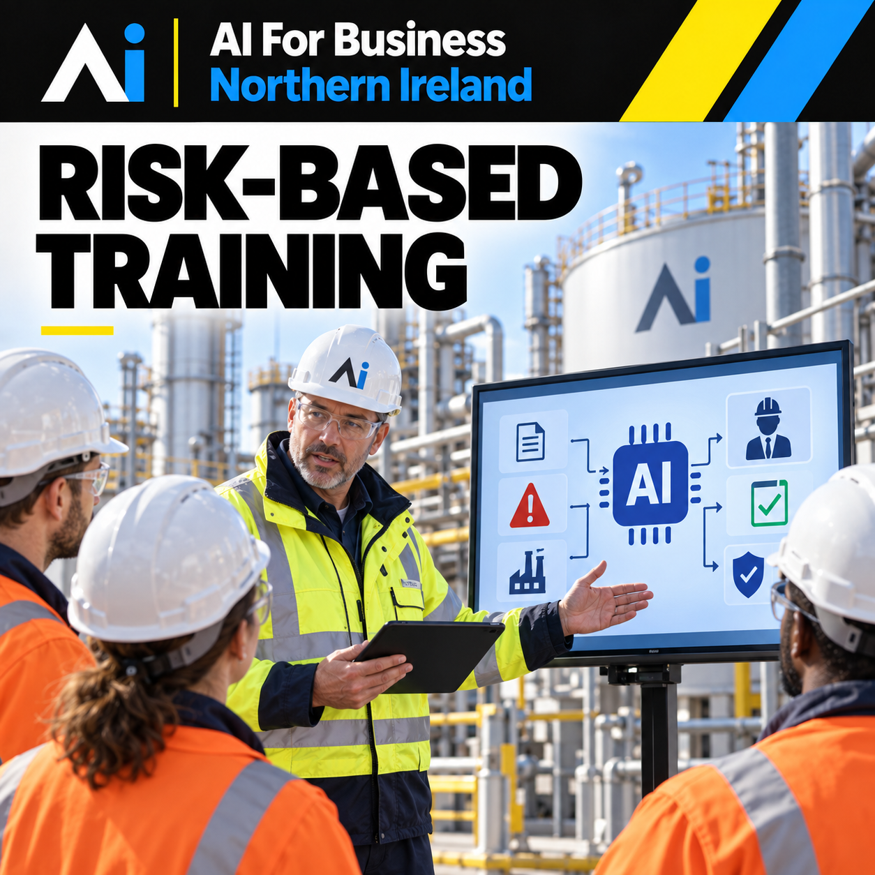 High-risk workplace team receiving AI training in an industrial setting with safety equipment.