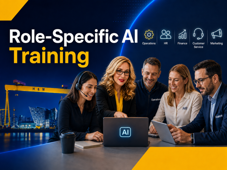 Northern Ireland employees taking part in practical AI literacy training with guidance on checking outputs & protecting information 