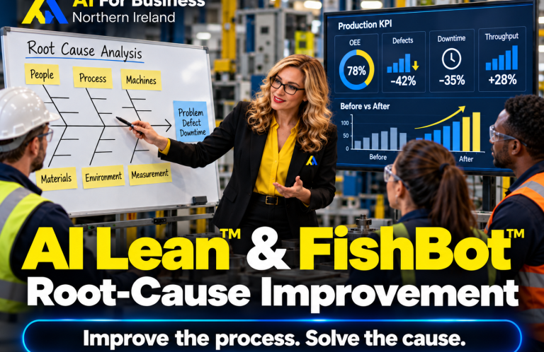 Manufacturing training image showing AI Lean and FishBot root-cause improvement by AI For Business Northern Ireland in Belfast
