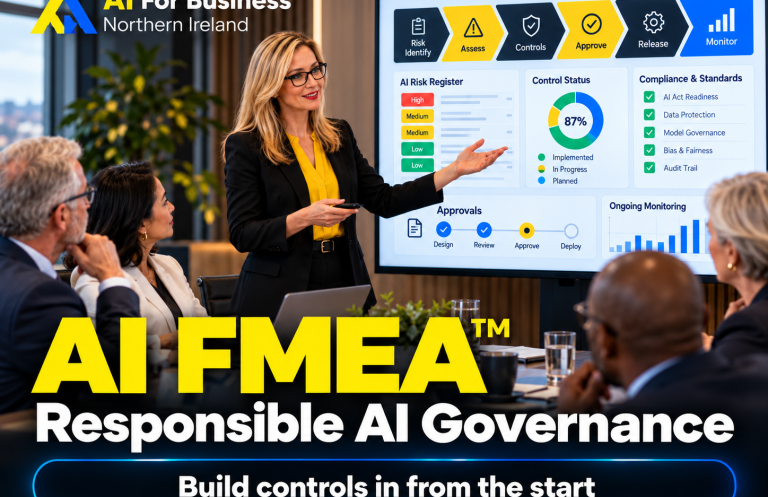 Business governance presentation image showing AI FMEA responsible AI governance by AI For Business Northern Ireland in Belfast
