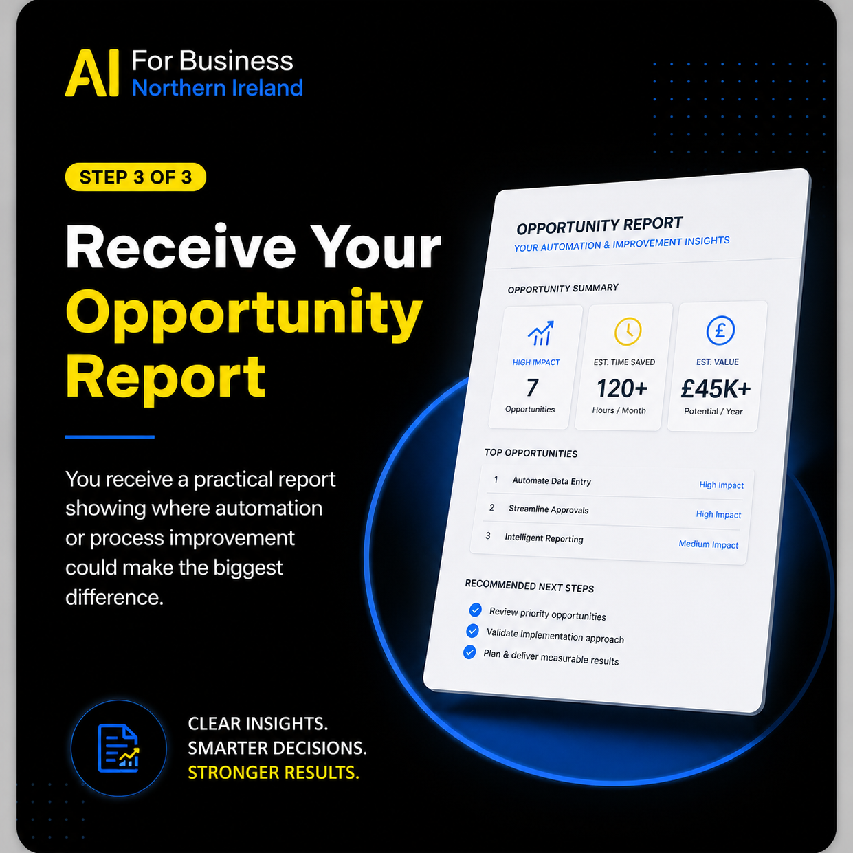 AI Automation Opportunity Report | AI For Business Northern Ireland AI Automation Opportunity Report showing priority automation opportunities, potential improvements and recommended next steps.