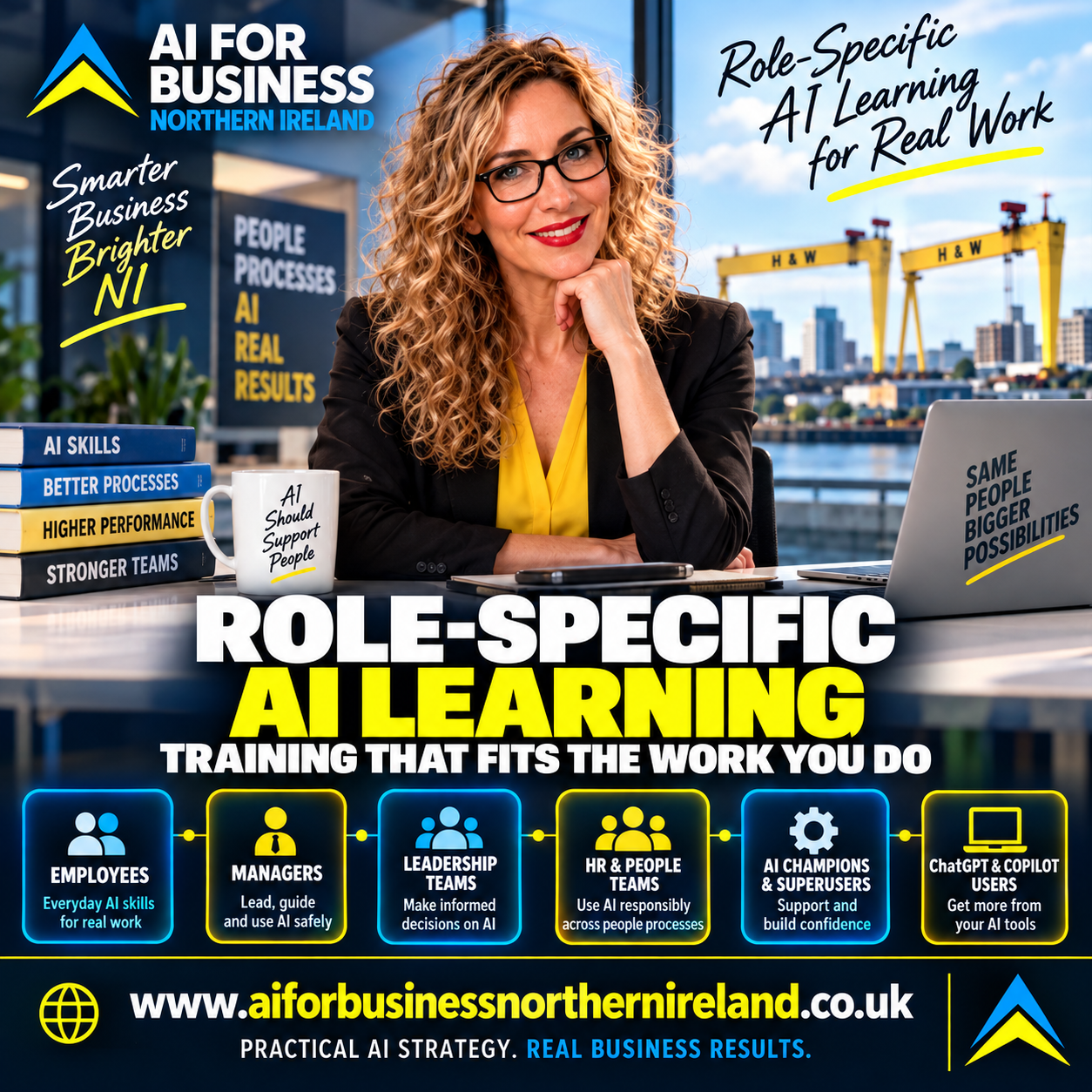 Workplace AI training session showing different job roles learning how AI applies to their work.